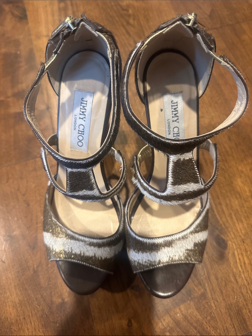 Jimmy Choo Brown and White Ponyhair Strappy Sandals